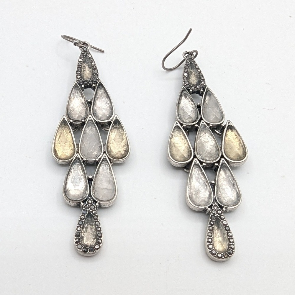 Silver Tone Champagne Teardrop Tiered Chandelier Statement Earrings Dangle Boho